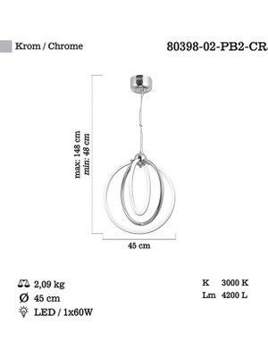 Lucea Nelas B.boy  Ledli 2 Li Krom Avize 60W 3000K