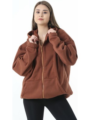 Unisex Oversize Fermuarlı Kapüşonlu Yumuşak Dokulu Sweatsihrt