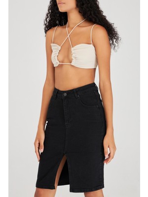 Its Basic Kadın Siyah Taşlanmış Renk Black Od Yırtmaç Detaylı Midi Boy Likralı Yüksek Bel Jean Etek