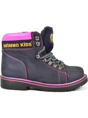 Minno Kids 761 Hakiki Deri Lacivert Pembe Fermuarlı Ortopedik Kız Çocuk Bot