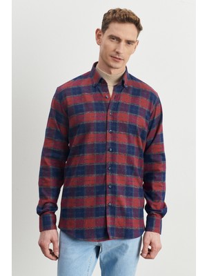 ALTINYILDIZ CLASSICS Erkek Lacivert-bordo Comfort Fit Rahat Kesim Düğmeli Yaka %100 Pamuk Flanel Oduncu Gömlek