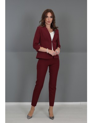 Önder Özsoy V Yaka Boydan Kuplu Kısa Ceket &  Dar Paça Pantolon-Bordo