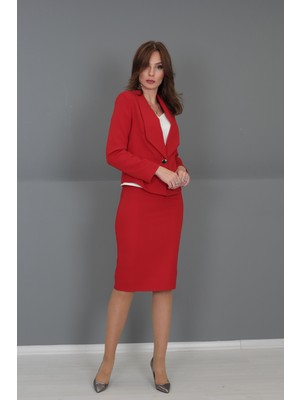 Önder Özsoy Amerikan Yaka Kısa Klasik Ceket &  Düz Dar Etek-Kırmızı