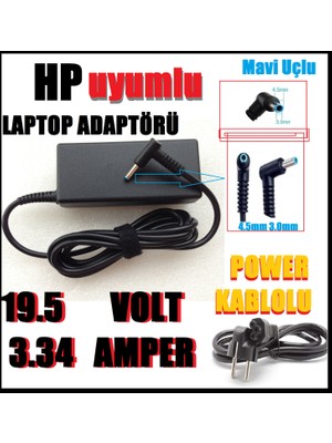Ata Elektronik Hp Uyumlu Muadil Ürün 2 Yıl Garantili Pavilion 11-N001ET X360 Pc Adaptör Şarj Laptop Şarj Aleti Cihazı Adaptör  19.5 Volt 3.34A  -  Mavi Uç