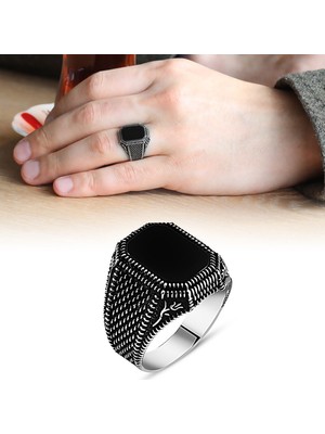 Tesbihane Lale Işlemeli Siyah Oniks Taşlı 925 Ayar Gümüş Erkek Yüzük