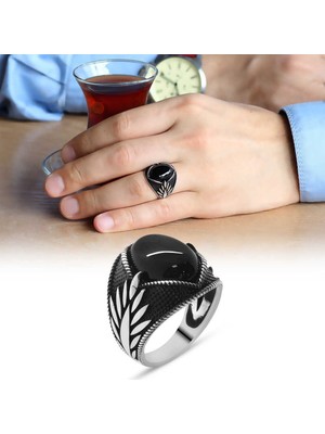 Tesbihane Başak Motifli Siyah Oniks Taşlı 925 Ayar Gümüş Erkek Yüzük