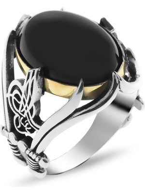 Tesbihane Tuğra ve Kılıç Işlemeli Siyah Oniks Taşlı 925 Ayar Gümüş Erkek Yüzük