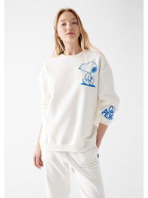 Mavi Snoopy Baskılı Beyaz Sweatshirt