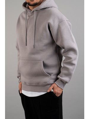 Bombe Erkek Kapüşonlu Basic Sweatshirt Gri