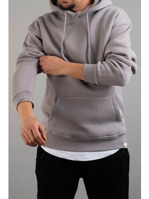 Bombe Erkek Kapüşonlu Basic Sweatshirt Gri