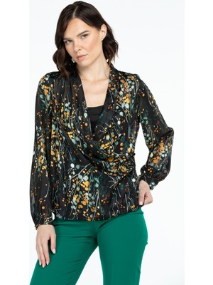 Ekol Kadın Kruvaze Balon Desenli Bluz 3007 Hardal