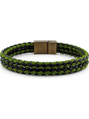 Solfera Bronz Mıknatıs Iki Sıra Yeşil Örgü Deri Erkek Bileklik M030B