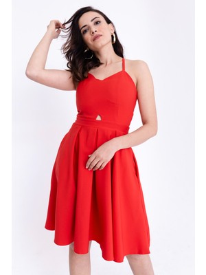 Lafaba Kadın Kırmızı Sırtı Bağcıklı Askılı Elbise