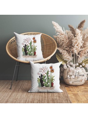 Kaktüs Desenli Çift Taraflı Dekoratif 2'li Kırlent Kılıfı Seti