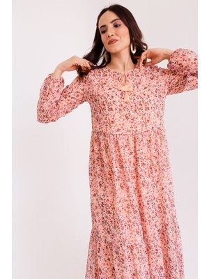Lafaba Kadın Pembe Çiçek Desenli Uzun Elbise