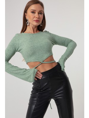 Lafaba Kadın Mint Yeşili Bağlama Detaylı Örme Crop