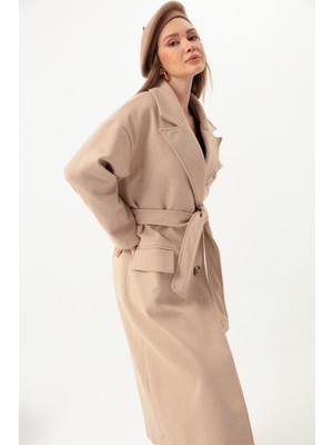 Lafaba Kadın Bej Çizgili Uzun Kaban