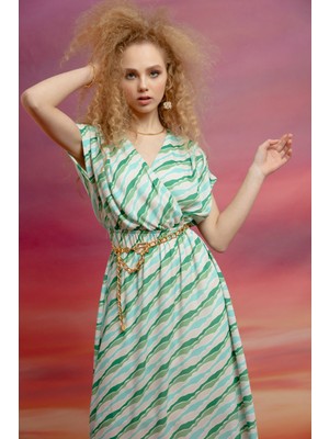 Lafaba Kadın Yeşil Kruvaze Yakalı Desenli Midi Elbise