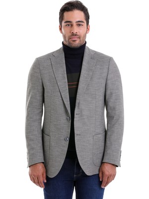 Hatemoğlu Gri Slim Fit Desenli Çift Düğme Keten Ceket