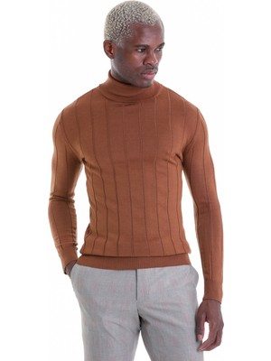 Hatemoğlu Kahverengi Regular Fit Desenli Balıkçı Yaka Yün Triko Kazak