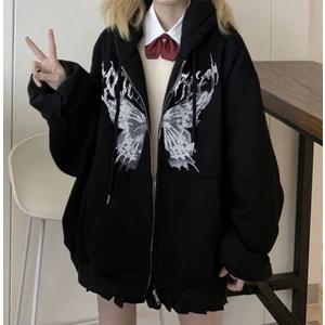 Harajuku Butterfly Siyah (Unisex) Fermuarlı Kapşonlu