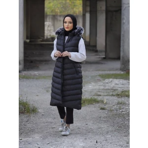 Lebs Kadın Kapüşonlu Kolsuz Su Geçirmez Uzun Boy Uzun Şişme Yelek Siyah Battal Beden Tesettür Mont