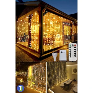 2,5 x 2,5 M Kumandalı Perde LED 8 Modlu Kalın Kablolu 12 Saçak 180 LED Fişli Eklenebilir