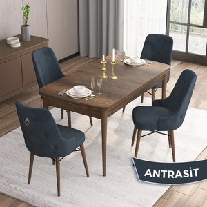 Concept Are Serisi, 80X132 Mdf Açılabilir Barok Ahşap Desen Mutfak Masa Takımı, 4 Sandalye Gümüş Halkalı