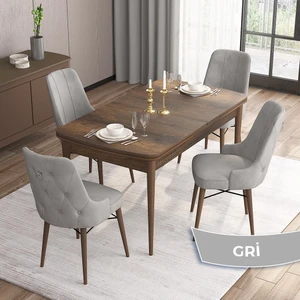 Concept Are Serisi, 80X132 Mdf Açılabilir Barok Ahşap Desen Mutfak Masa Takımı, 4 Sandalye Gümüş Halkalı