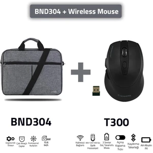 BND304-T300  Eko Serisi 15,6" Uyumlu-Notebook, Laptop Çantası GRI+T300 Kablosuz Mouse