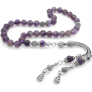 Kararmaz Metal Buğday Püsküllü Küre Kesim Ametist Doğaltaş Tesbih