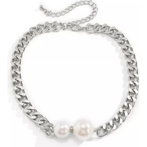 Petek Aksesuar Çift İnci Detaylı Gümüş Zincir Choker Kolye 40 cm Kadınlar İçin Şık Tasarım