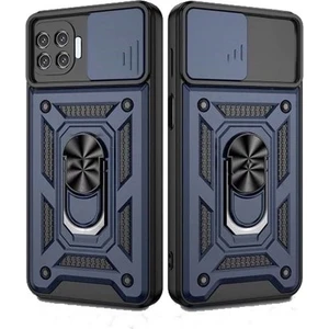 Case 4U Oppo Reno 4 Lite Kılıf Kamera Korumalı Sürgülü Vega Yüzüklü Armor Military Tank Zırh Lacivert