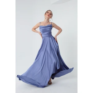 Kadın Indigo Volanlı Yırtmaçlı Saten Abiye & Mezuniyet Elbisesi