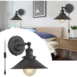 Retro Rustik Siyah Mafsallı Hareketli Başlık Fişli Ahahtarlı Kablolu Duvar Aplik ÇAP:23CM