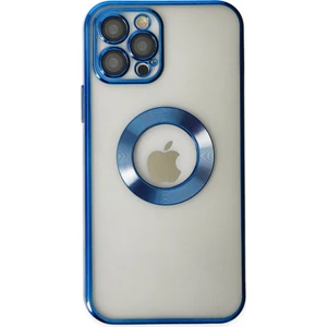 Apple iPhone 12 Pro Kapak Yanları Renkli Lens Korumalı Logo Gösteren Şeffaf Luxury Silikon Kılıf - Mavi
