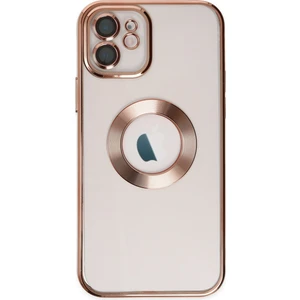 Apple iPhone 12 Kapak Yanları Renkli Lens Korumalı Logo Gösteren Şeffaf Luxury Silikon Kılıf - Rose Gold
