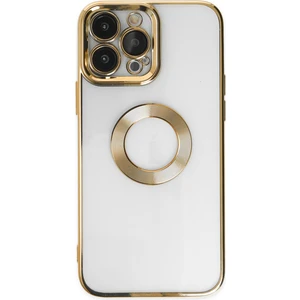Kzy Apple iPhone 14 Pro Max Kapak Yanları Renkli Lens Korumalı Logo Gösteren Şeffaf Luxury Silikon Kılıf - Gold