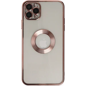 Kzy Apple iPhone 11 Pro Max Kapak Yanları Renkli Lens Korumalı Logo Gösteren Şeffaf Luxury Silikon Kılıf - Rose Gold