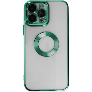 Caseart Apple iPhone 14 Pro Max Kapak Yanları Renkli Lens Korumalı Logo Gösteren Şeffaf Luxury Silikon Kılıf - Yeşil