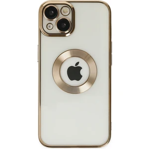 Caseart Apple iPhone 14 Plus Kapak Yanları Renkli Lens Korumalı Logo Gösteren Şeffaf Luxury Silikon Kılıf - Gold