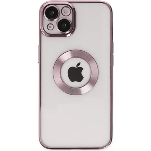 Caseart Apple iPhone 14 Plus Kapak Yanları Renkli Lens Korumalı Logo Gösteren Şeffaf Luxury Silikon Kılıf - Rose Gold