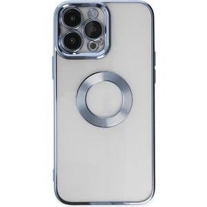 Caseart Apple iPhone 13 Pro Max Kapak Yanları Renkli Lens Korumalı Logo Gösteren Şeffaf Luxury Silikon Kılıf - Açık Mavi