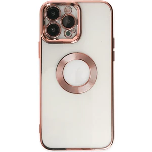 Caseart Apple iPhone 13 Pro Max Kapak Yanları Renkli Lens Korumalı Logo Gösteren Şeffaf Luxury Silikon Kılıf - Rose Gold