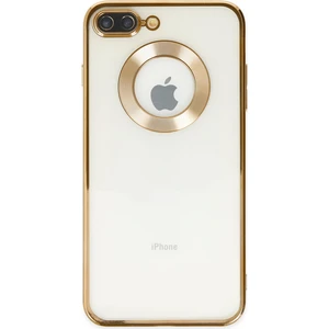 Caseworld Apple iPhone 7 Plus Kapak Yanları Renkli Lens Korumalı Logo Gösteren Şeffaf Luxury Silikon Kılıf - Gold