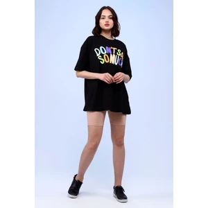 Fancy Kadın Bisiklet Yaka Renkli Baskı Detaylı Oversize Tişört
