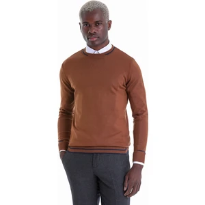 Kahverengi Regular Fit Çizgili Yün Bisiklet Yaka Triko Kazak