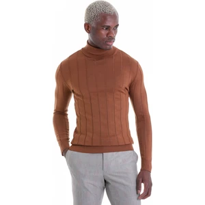 Kahverengi Regular Fit Desenli Balıkçı Yaka Yün Triko Kazak