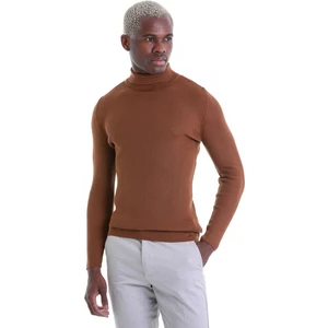 Kahverengi Regular Fit Düz Balıkçı Yaka Klasik Yün Triko Kazak