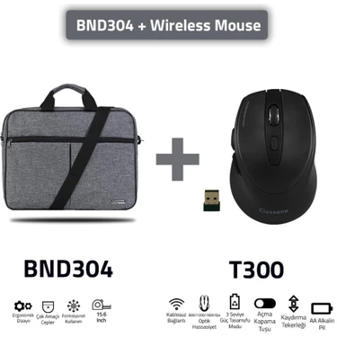 Classone BND304-T300  Eko Serisi 15,6" Uyumlu-Notebook, Laptop Çantası GRI+T300 Kablosuz